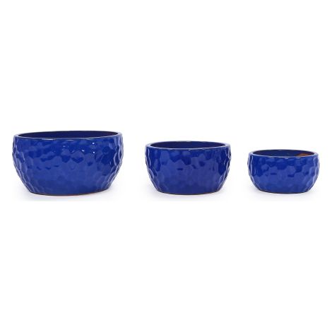 Lot De Pots De Fleurs En Céramique, Set De 3 Pots Ronds Bleu Cobalt Martelé, Intérieur Extérieur, Ø 38,1/30,5/25,4 Cm