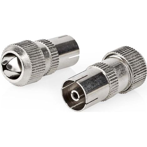 Conector IEC (Coaxial)  Recto  Mujer  Niquelado  75 Ohm  Roscado  Diámetro de entrada del cable: 7.0 mm  Metal  Plata  2 uds.  Caja