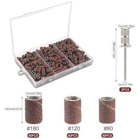 240 PCS Tambour Adaptateur de Band Ponçage Manchon Abrasif Compatible avec Dremel Outils Rotatifs Embout Emeri Mandrin pour Ponceuse Grain 80/120/180 Ongles Céramique, Pierre - (1/5)
