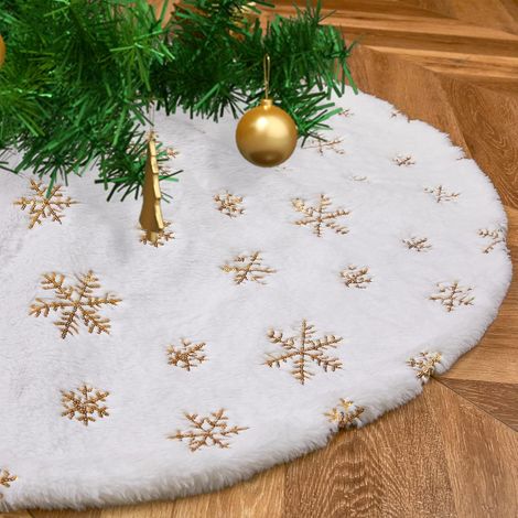 Kleiner Weihnachtsbaumrock 78 cm, weißer Kunstpelz-Weihnachtsbaumrock mit kleinen goldenen Glitzer-Schneeflocken