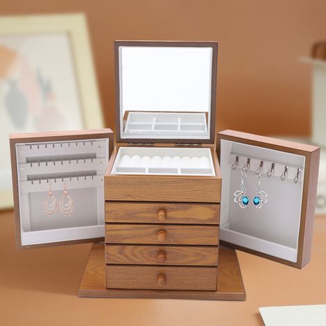 YISSALE -Outillage -Grande coffret de bijoux vintage, 30 x 20 x 25 cm, armoire à bijoux, boîte de rangement en bois sculpté, boîte à cinq niveaux avec quatre tiroirs, un cadeau idéal. (1/5)