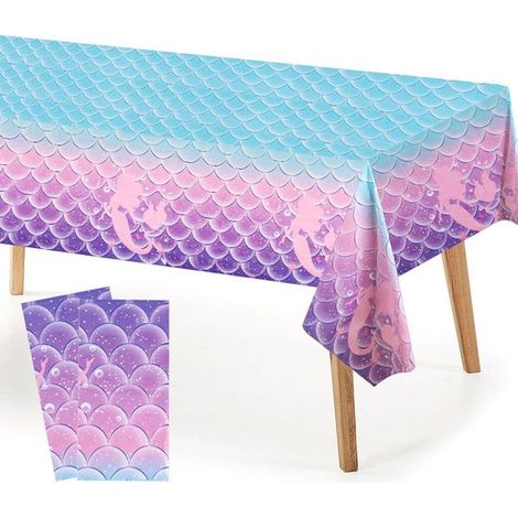 Mantel de sirena，2 piezas，mantel para fiesta de sirenas，137 x 274 cm，impermeable，temática de sirenas，mantel para fiestas de cumpleaños，morado (1/5)