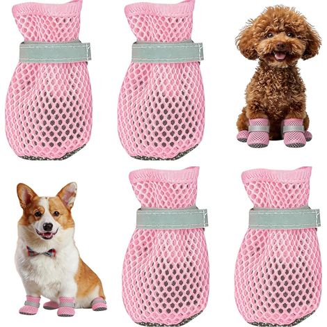 Ensemble de 4 chaussures d'été pour petits chiens, chaussures pour chiens en maille respirante, bottes de protection ajustables en maille respirante, antidérapantes, pour les sols chauds d'été (Rose, (1/5)