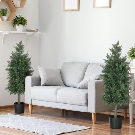 Juego de 2 plantas artificiales de cedro en macetas de plástico PP, plantas artificiales de acero y cemento con hojas de PE, 38 x 12,5 x 90 cm, verde. (1/5)