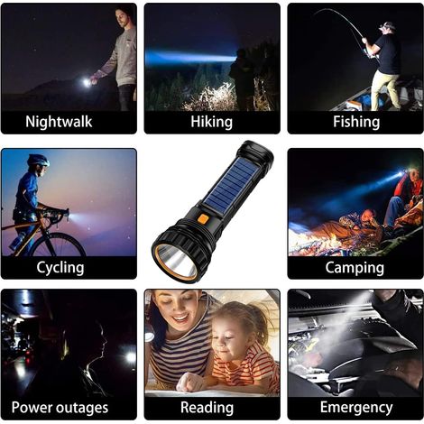 Linterna LED solar multifuncional y recargable de 1000 lúmenes, con luz estroboscópica de emergencia y batería de 1200 mAh, fuente de alimentación de emergencia y cable de carga USB, función de carga