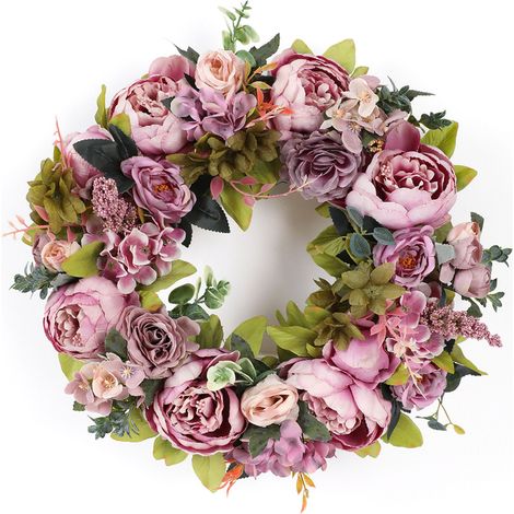 Couronne de pivoines artificielles, fleur décorative de printemps et d'été pour porte d'entrée, mur, fête, décoration intérieure, rose poudré vintage (1/5)