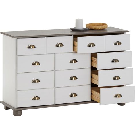 Idimex – Commode enfant en pin massif blanc/taupe – 11 tiroirs – Dimensions 73 x 117 x 35 cm (H x L x P) – Poignées coquille en métal bronze