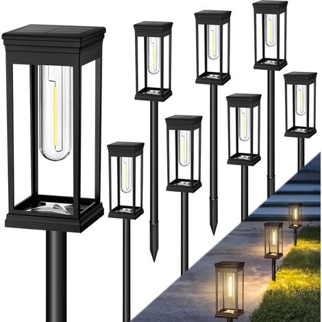 Juego de 8 luces solares para exteriores, resistentes al agua IP65, con encendido/apagado automático, LED blancos cálidos para jardín, patio, entrada y terraza.