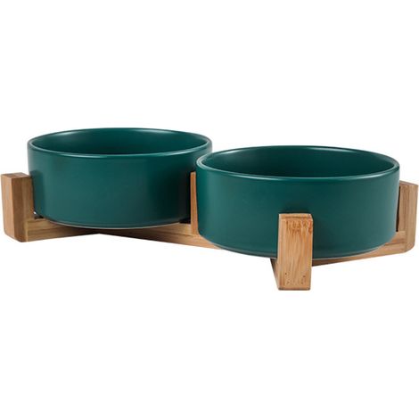 Gamelle en céramique pour chien et chat avec support en bois antidérapant et mat, lestée, pour eau et nourriture, pour chats et petits chiens. (1/5)