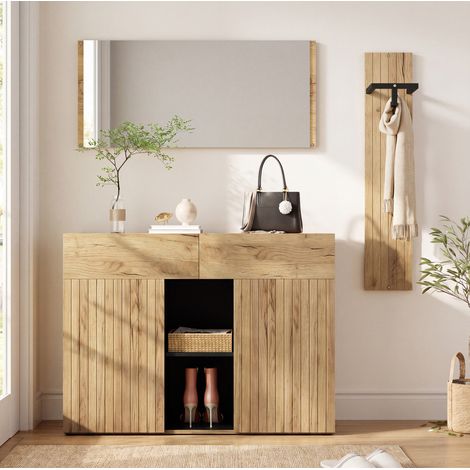 Ensemble vestiaire avec miroir et meuble à chaussures, 2 portes, 2 tiroirs, naturel et noir HAVRYA (1/5)