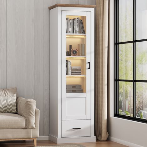 Vitrina led columna 50x35x178cm para salón con cajón en mdf y vidrio templado estilo moderno - blanco mate y madera (1/5)