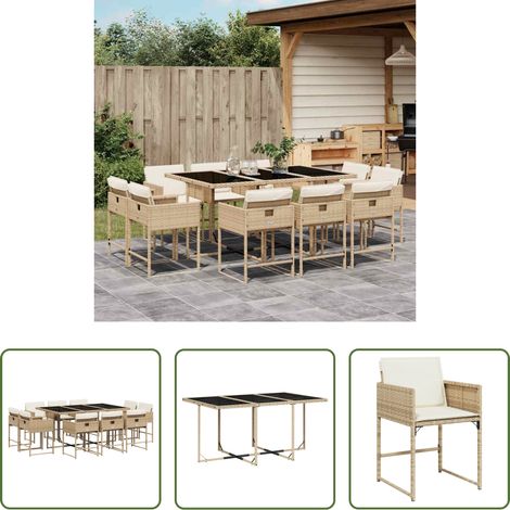 Gartentisch - 11-tlg. Garten-Essgruppe mit Kissen Beige Poly Rattan (1/5)