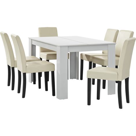 Set Pranzo con Tavolo 140x90 cm e 6 Sedie in Similpelle - Bianco / color Crema [en.casa]