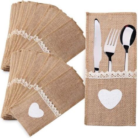 40pcs Burlap and Lace Cutlery Holder Knife Bag Table Pouch Cutlery Pocket Tableware Accessory Supplies Vintage Table Decoration for Evening Meal Party Wedding (1/5)