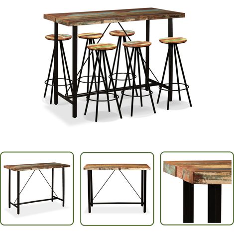 The Living Store Ensemble de bar 7 pcs Bois massif recyclé - Ensemble De Bar - Meuble Industriel - Table De Bar - Tabouret De Bar - Bois Massif (1/5)