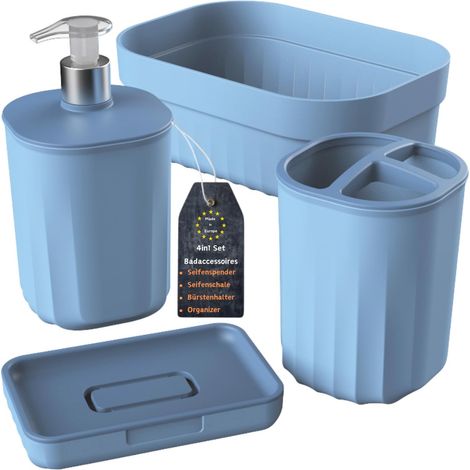 Ensemble de salle de bain 4 pièces avec distributeur de savon, porte-savon, porte-brosse à dents et organiseur, design moderne, plastique robuste, sans BPA, aspect rainuré, bleu pastel (1/5)