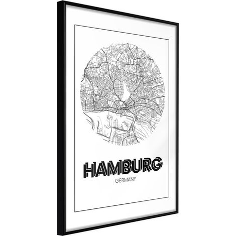 Affiche Murale Encadrée "City Map Hamburg Round" 40 x 60 cm Noir