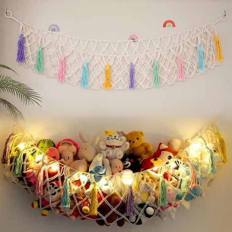 Hamac en macramé pour animaux en peluche, grand rangement suspendu, avec guirlande lumineuse étoilée, déco chambre (1/5)