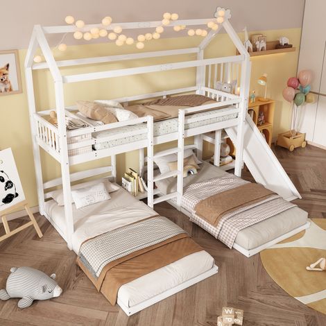 Letto a castello 272x206x221 cm, con scivolo e scala a tre gradini, 3 posti letto, legno massello e MDF, bianco (1/5)