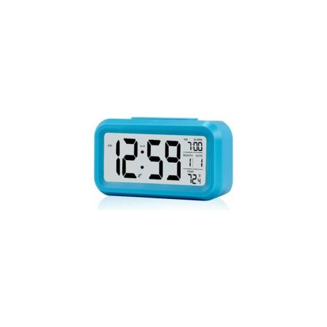 Sveglia digitale, piccola sveglia da scrivania a batteria con data e temperatura interna - Blu - Crezuo