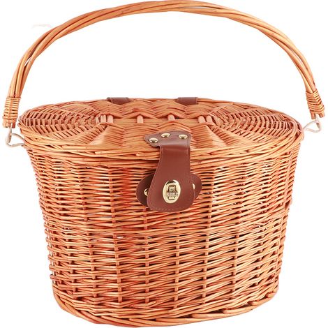 Panier avant vélo en osier avec couvercle pliant, verrou métallique, panier de rangement en rotin naturel fait main pour vélo de route (1/5)