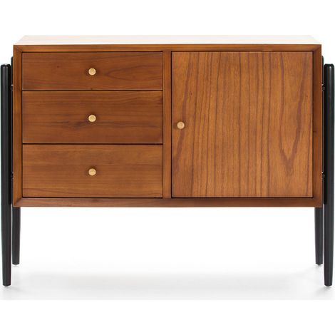 Buffet 1 porte 3 tiroirs bois foncé et noir Vazen (1/5)