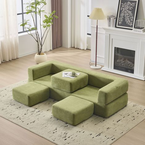 Canapé convertible 3 places avec repose-pieds, lit en mousse haute résilience, sofa chenille gainant d'espace pour studio et bureau à domicile, vert. (1/5)