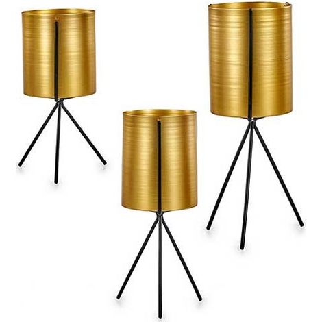 Set de 3 Cache-Pots sur Pied Ronds en Métal Noir et Doré (1/3)