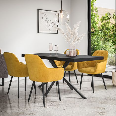 Donni Dining Table And Chairs - Black Table Top w Black Legs + Anika Velvet Dining Chair Set Of 4 (Mustard) (1/5)