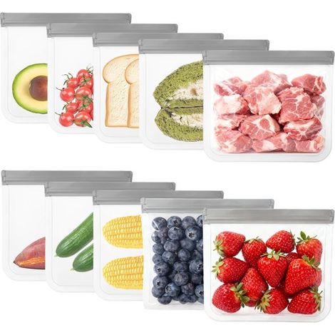 Sacs de congélation (lot de 10) - Réutilisables en silicone - Imperméables - Anti-fuites - Sans BPA - Apte au contact alimentaire - Sacs de conservation transparents (1/5)