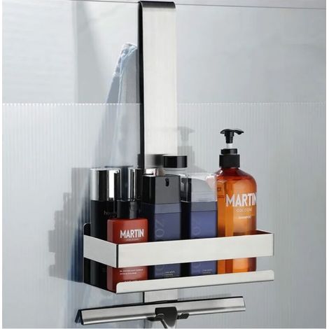 Panier de douche suspendu – panier de douche en acier inoxydable, paroi de douche suspendue en verre, porte-shampoing pour étagère de douche avec crochets pour portes en verre sans cadre (1/4)