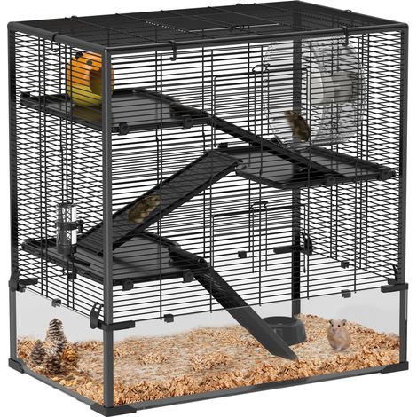 Hamsterkäfig mit Glasboden, 4-stufiges Hamstergehege mit Hütte und Zubehör, 78,5L x 48,5B x 80H cm, Schwarz (1/5)