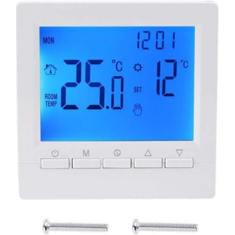 Termostato a parete intelligente per riscaldamento a pavimento. Display LCD retroilluminato blu. Alimentazione: 2 batterie AA. Precisione: ±1℃