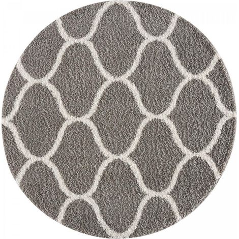 Tapis longs poils shaggy Ø150cm gris tissé rond motif scandinave SG MADRID