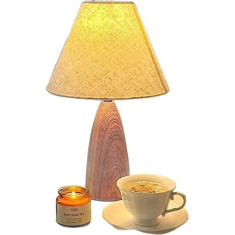 Lampe de chevet avec abat-jour en tissu led à gradation tricolore base en grain de bois (1/4)