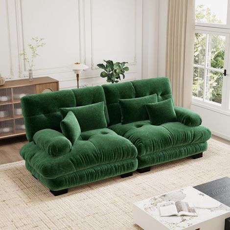 Canapé d'angle modulable luxueux - Canapé nuage surdimensionné en forme de L pour salon, canapé-lit profond avec pouf, velours côtelé, chenille verte