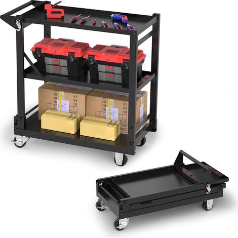 Chariot à Roulettes 3 en 1 Pliable à 3 Niveaux avec Poignée Latérale, Rangement Mobile pour Garage, Atelier, Cuisine, Bureau, Entrepôt et Hôtel (1/5)