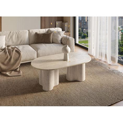 Deco In Paris – Table basse ovale en marbre composite beige – Pieds organiques sculpturaux – Design moderne et élégant pour salon