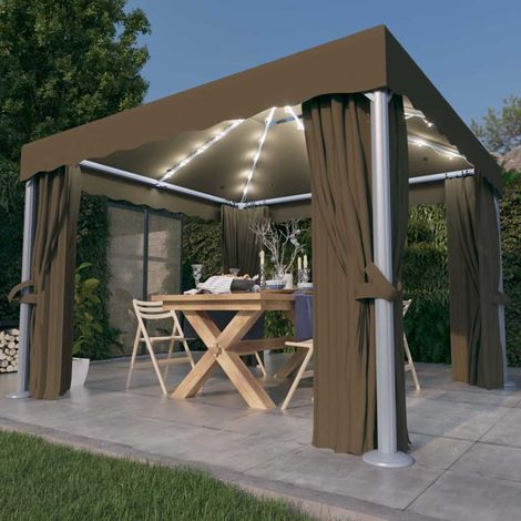 Tonnelle de Jardin Tente de réception - Rapide à Installer avec rideau et guirlande lumineuse à LED 3x3 m Taupe BV976065 - BonneVie (1/5)
