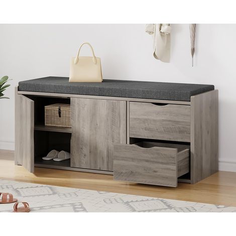 Banc de rangement à 2 niveaux avec coussin rembourré, banc à chaussures d'entrée avec 2 tiroirs, 2 portes de grange et étagère réglable, style industriel pour foyer, chambre à coucher, salon (1/5)