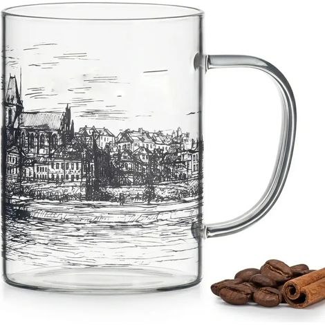 TAZA DE VIDRIO CIUDAD DE TORU艃 400 ML TRANSPARENTE CON IMPRESI脫N NEGRA (1/5)