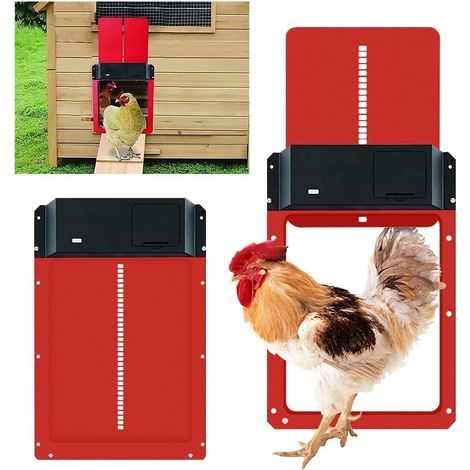 Kit de porte de poulailler automatique, porte de poulailler automatique à piles avec minuterie et capteur de lumière (rouge) (1/5)