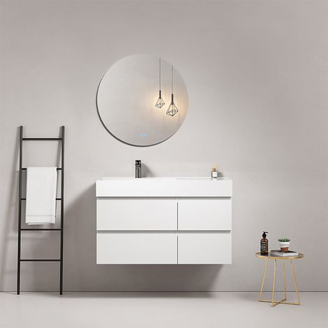 Mobile bagno sospeso 100 cm Bianco Lavabo a Sinistra in Resina Specchio Tondo - Fiji Paint