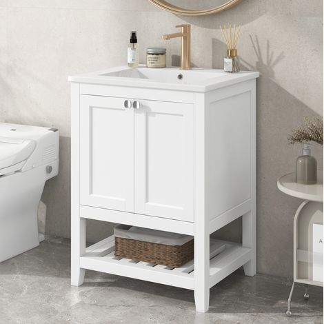 Meuble vasque 61x46x90 cm en bois et MDF blanc, vasque céramique, gain de place – MEUBLIV (1/5)