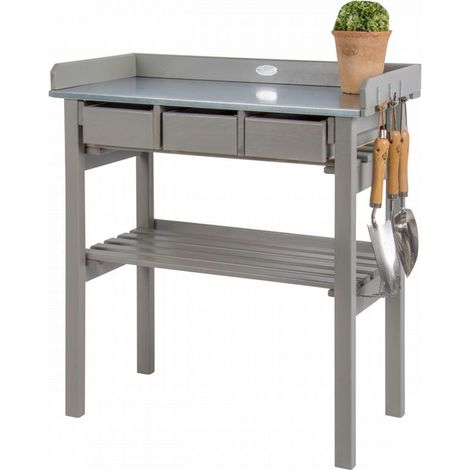 Esschert Design – Table de rempotage en bois pin et zinc – Dimensions L 38 x l 78 x H 82,5 cm – 3 tiroirs et crochets pour outils – Capacité de charge 30 kg