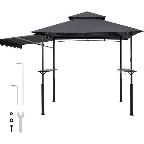 Gazebo BBQ 2,43 x 1,5 m, toit à 2 niveaux, abri grill renforcé avec auvent supplémentaire, structure en acier thermolaqué, 2 étagères latérales et crochets, tonnelle extérieure pour barbecue au jardin (1/5)