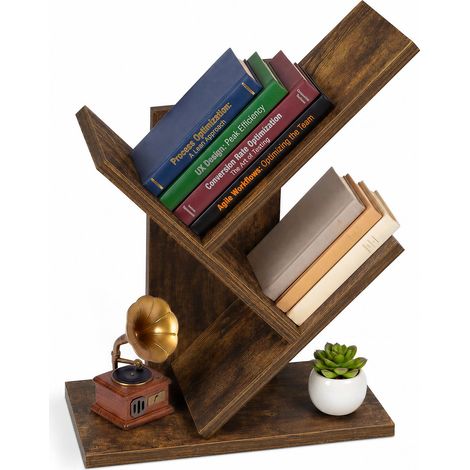 VOUNOT® Librería en Forma de Árbol 30x16x40.5cm Estantería Vertical Ahorra Espacio Antivuelco Estante de Pie para Libros Biblioteca de Niveles Marrón Rústico (1/5)