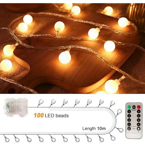 Guirlande Lumineuse Exterieure, 10M 100LEDs Guirlande lumineuse LED à Pile, Étanche IP44, 8 Modes avec Télécommande Idéale pour le Balcon, Chambres, Mariage, Noël Décoration (Blanc Chaud) (1/5)