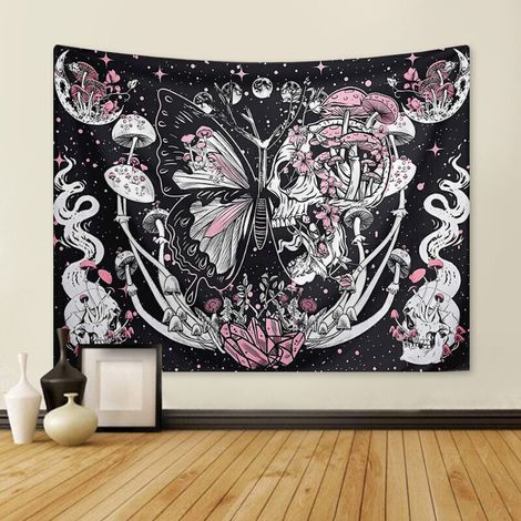 Tapisserie murale Champignon et Papillon, 130 x 150 cm, Décoration Nature, Couvre-lit, Jeté pour Maison, Salon, Chambre, Dortoir. (1/4)