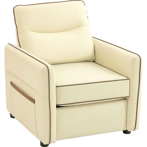 HOMCOM butaca de salón moderna tapizada en cuero sintético con asiento ancho, acolchado grueso, reposabrazos y bolsillo lateral para dormitorio, beige